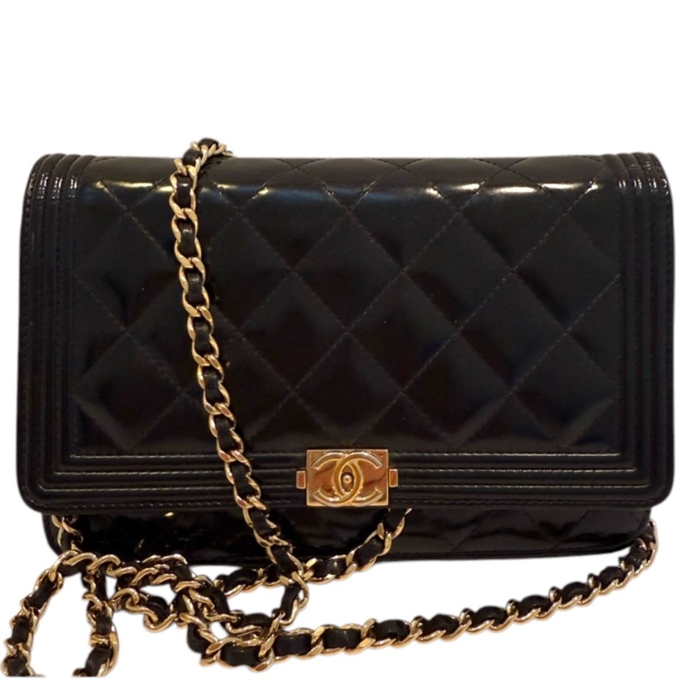 Chanel Le Boy Black Pearlescent Quilted Leather w Gold WOC Wallet on Chain Bag